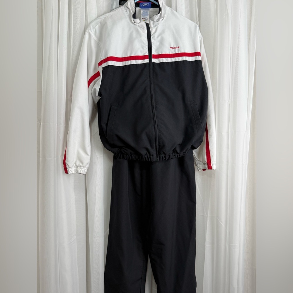 VTG Reebok Tracksuit Set SM Black White Red Full Zip Jacket & Pants Y2K Athletic